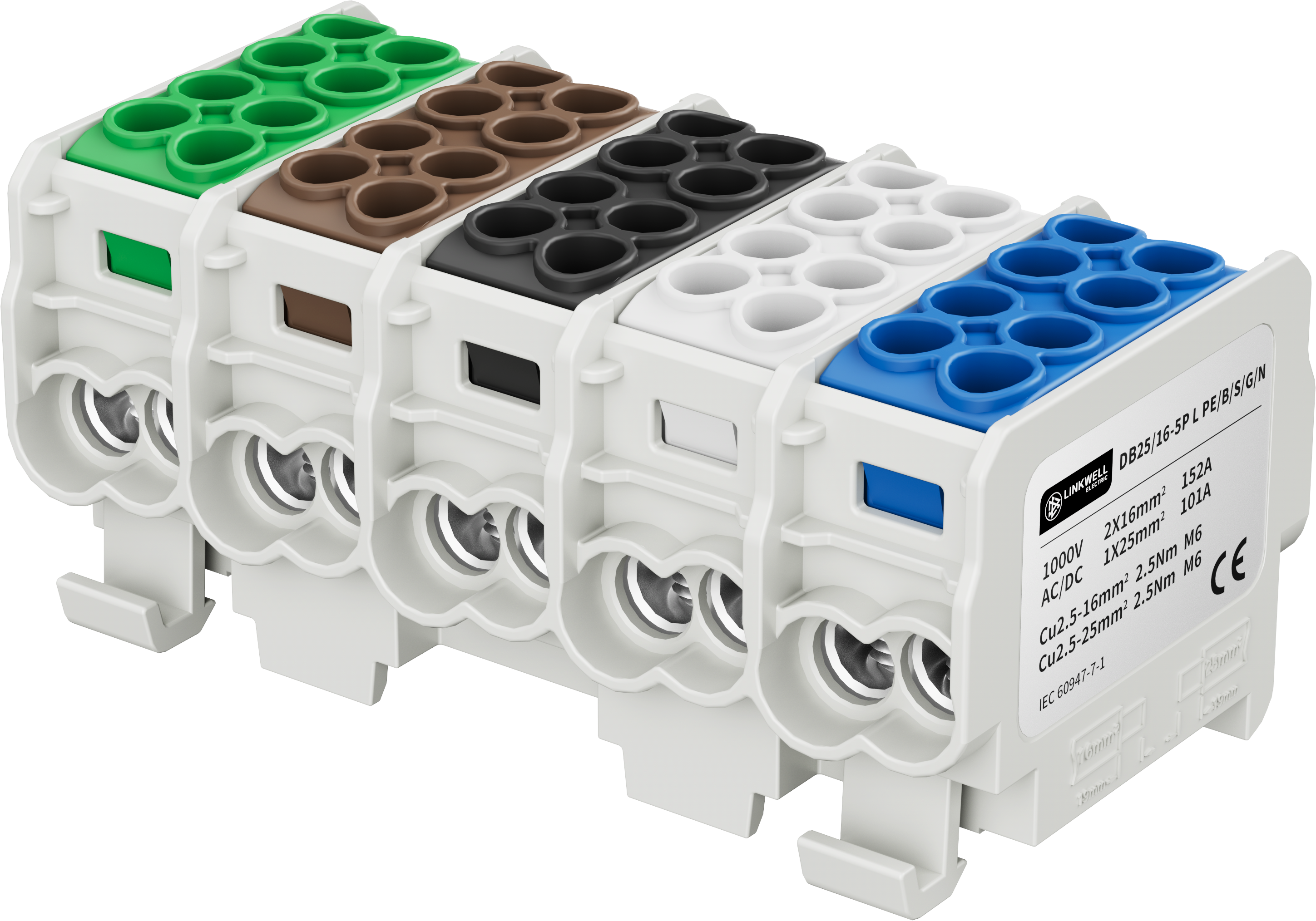 DB25/16 5 Pole Universal Terminal Block, DIN Rail Mount Power Distribution Terminal Block