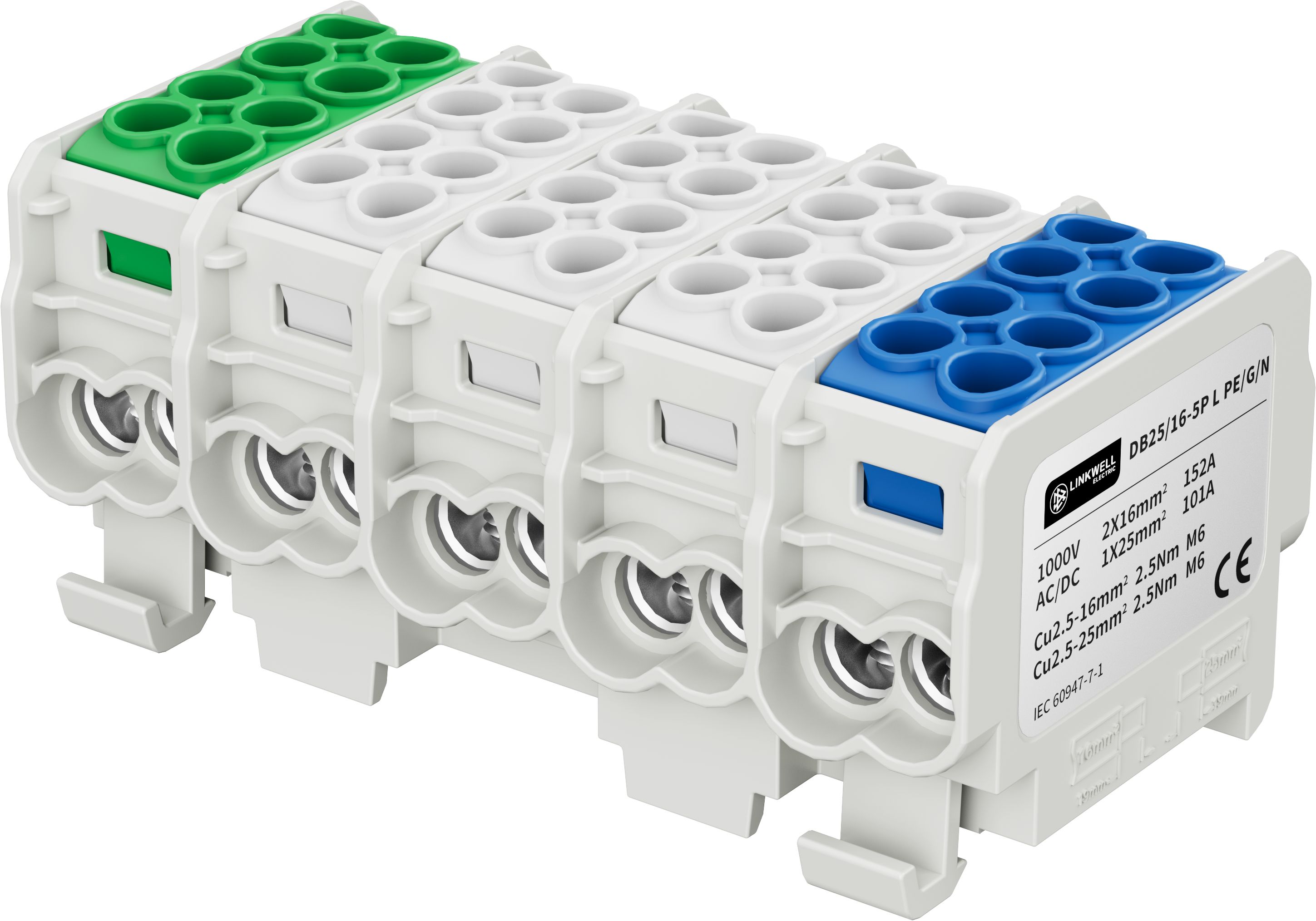 DB25/16 5 Pole Universal Terminal Block, DIN Rail Mount Power Distribution Terminal Block